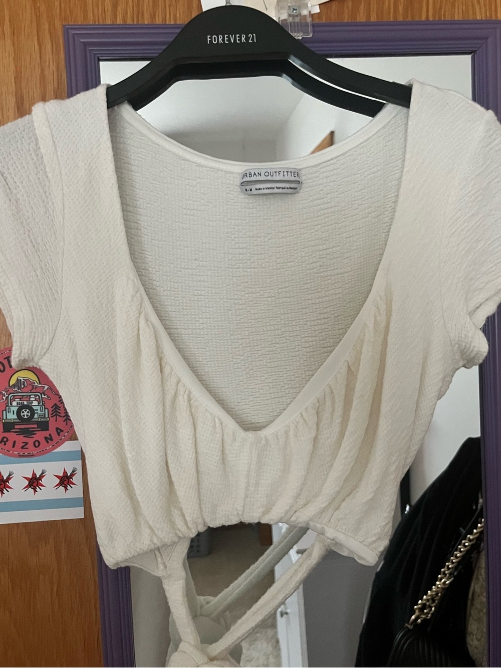 Urban Outfitters Cream Cropped V-Neck Tie-Back Top